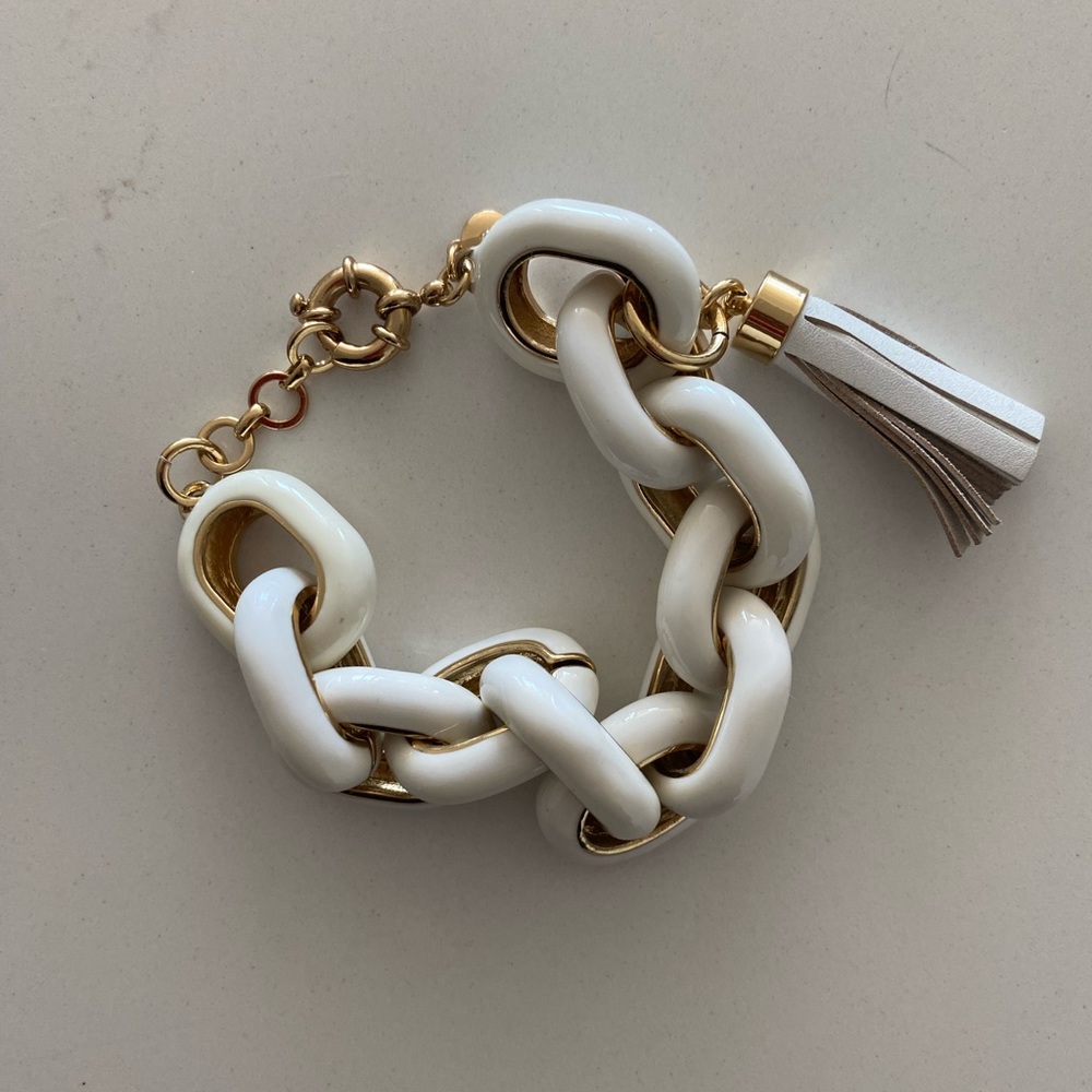 J.Crew white and gold chain link bracelet with tassel detail